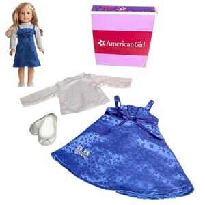 American Girl Sapphire Party Outfit Blue Dress Silver Shoes Sweater Hair Clips